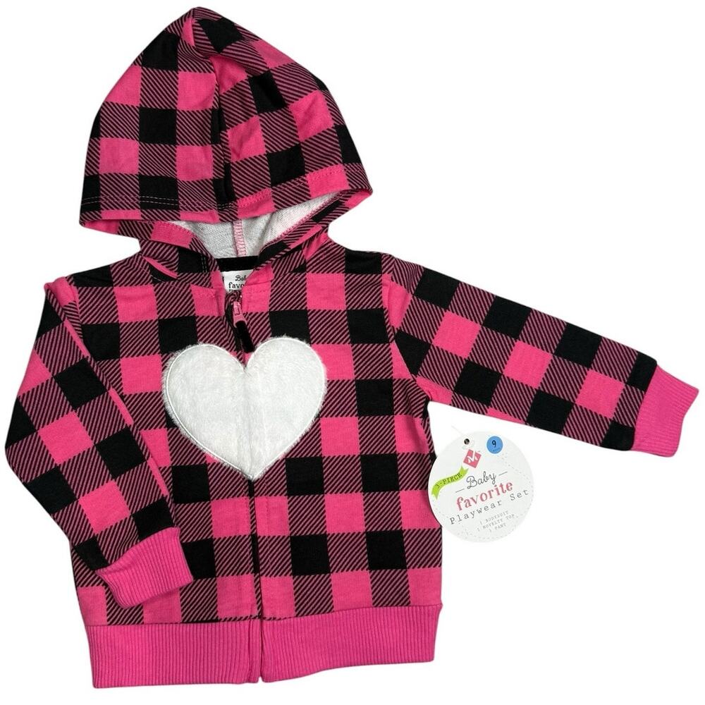 NWT Baby Favorite Jacket Baby Girl Heart Plaid Pink and Black 9 Months